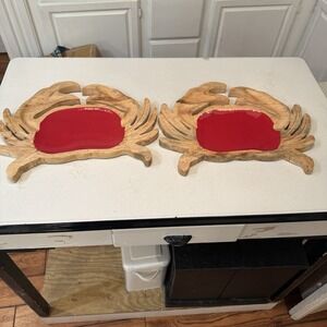 Red Crab Shape Mango Wood Tray Hand Crafted Enameled Serving Platter Set of 2